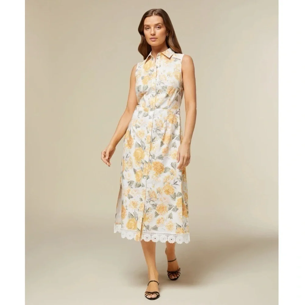 NEW Rachel Parcell Sleeveless Floral Midi Shirt Dress Ivory Yellow 10 - Picture 5 of 16